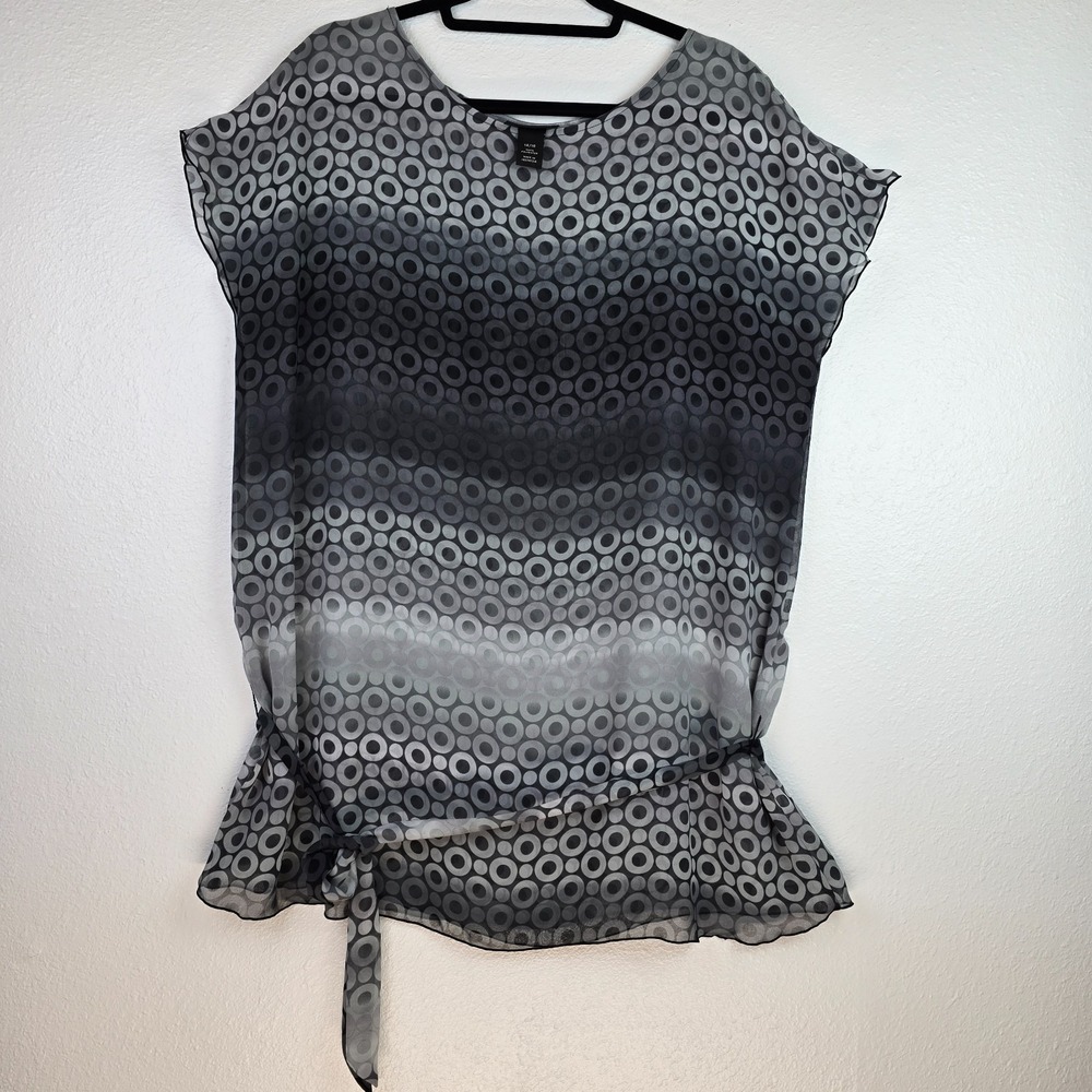 Lane Bryant 14/16 Gray Black Geometric Circle Sheer Chiffon Blouse Overlay Top